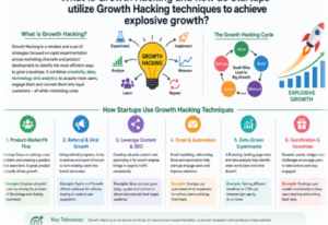 Infographic explaining the concept of Growth Hacking, the growth hacking cycle, and startup techniques such as product-market fit, referral marketing, content marketing, email automation, A/B testing, analytics, and gamification to achieve explosive business growth.