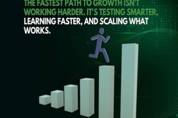 Illustration showing a person climbing a rising bar chart with the message "The fastest path to growth isn't working harder. It's testing smarter, learning faster, and scaling what works," representing growth hacking strategies for startups.