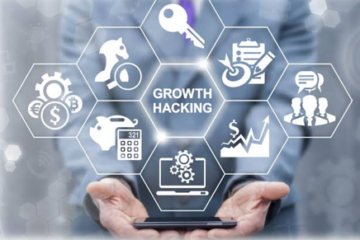 Business professional holding a smartphone with digital growth hacking icons, including analytics, marketing, strategy, customer engagement, and business growth, representing data-driven startup growth.