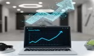 Laptop displaying a business growth chart with an upward digital arrow, representing data-driven growth hacking, analytics, and startup business success.