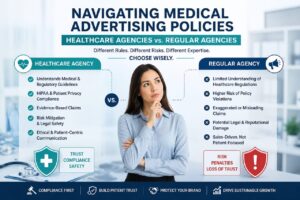 Healthcare agencies vs regular agencies for medical advertising policy compliance and patient trust.