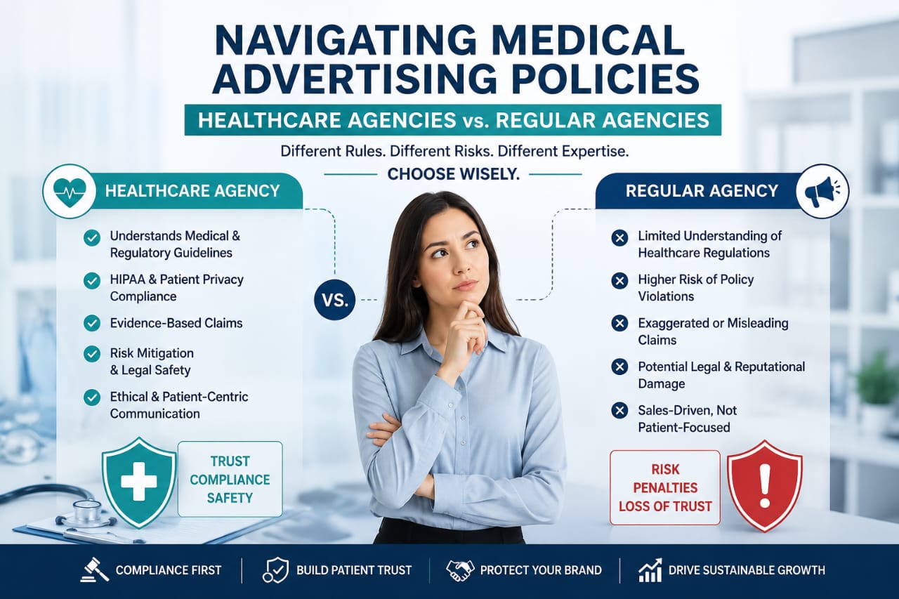 Healthcare agencies vs regular agencies for medical advertising policy compliance and patient trust.
