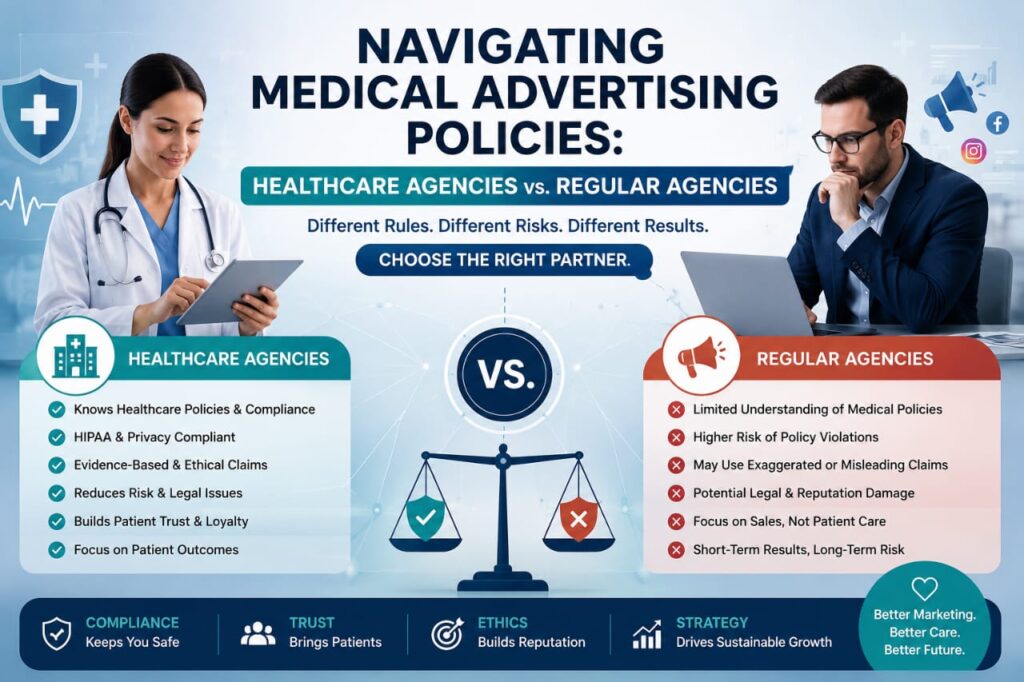 Navigating medical advertising policies comparing healthcare agencies and regular agencies, highlighting compliance, ethical healthcare marketing, and patient trust.
