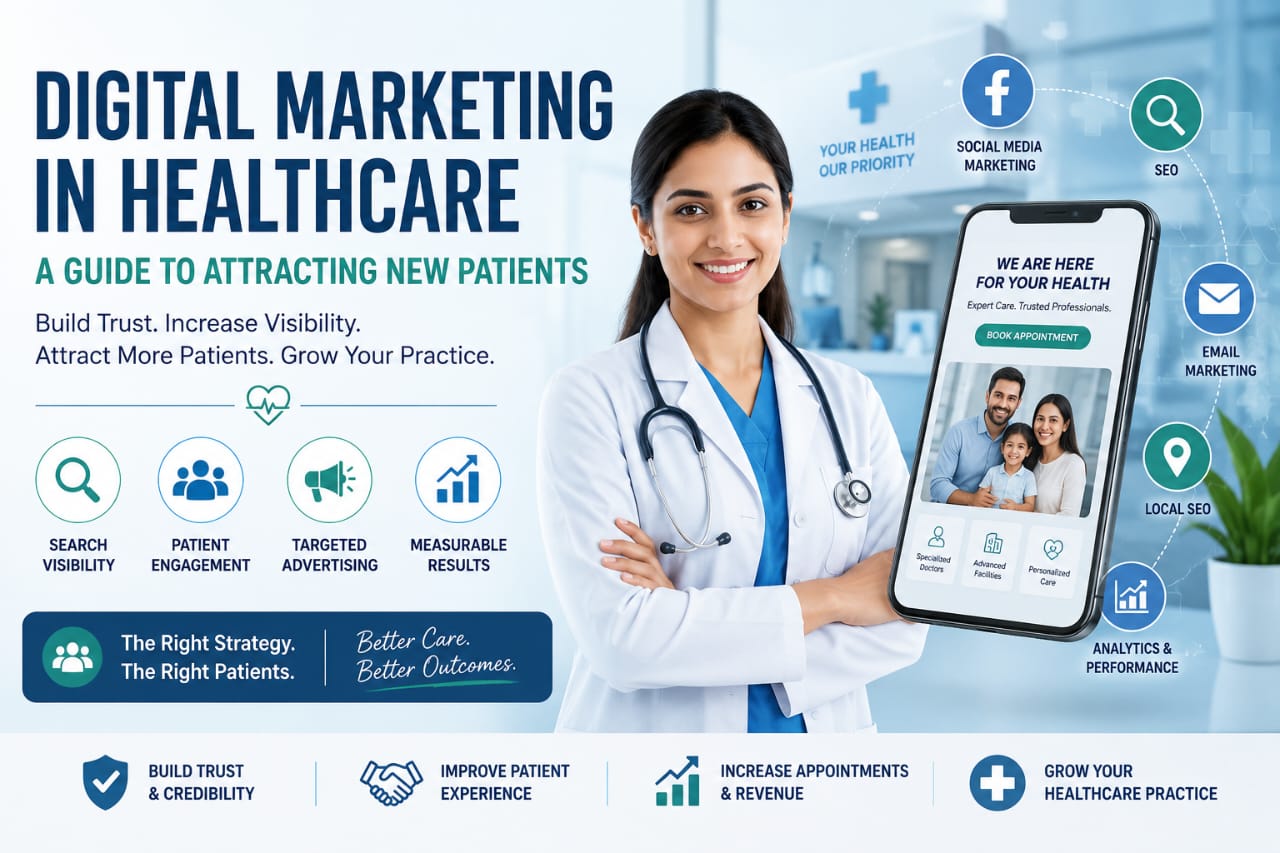 Digital marketing in healthcare to attract new patients through SEO, social media, and online marketing.