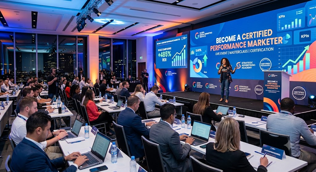 A dynamic wide-angle photograph of a live professional conference. A diverse woman speaker with a microphone stands on a stage with vibrant lighting and large LED screens that read 'BECOME A CERTIFIED PERFORMANCE MARKETER' and show marketing data. A full auditorium of diverse attendees is seated at long tables, actively engaged with their laptops and taking notes.