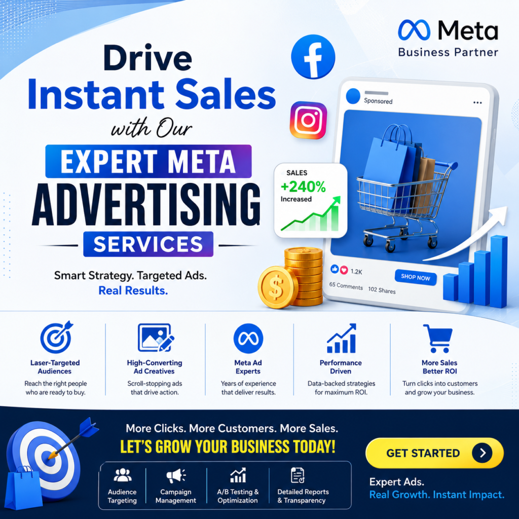 A modern blue-and-white promotional graphic showcasing expert Meta advertising services. The design features Facebook and Instagram branding, a tablet displaying an online shopping advertisement, a shopping cart with bags, sales growth charts, ROI icons, audience targeting, campaign optimization, and a bold call-to-action encouraging businesses to grow through high-converting Meta ads.