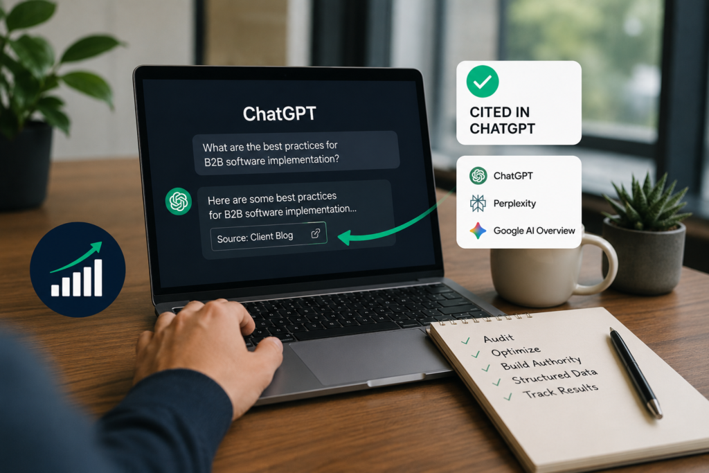 ChatGPT citation case study showing AI search optimization, content authority building, and GEO strategies on a professional workspace.