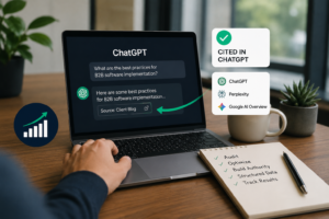 ChatGPT citation case study showing AI search optimization, content authority building, and GEO strategies on a professional workspace.