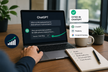 ChatGPT citation case study showing AI search optimization, content authority building, and GEO strategies on a professional workspace.
