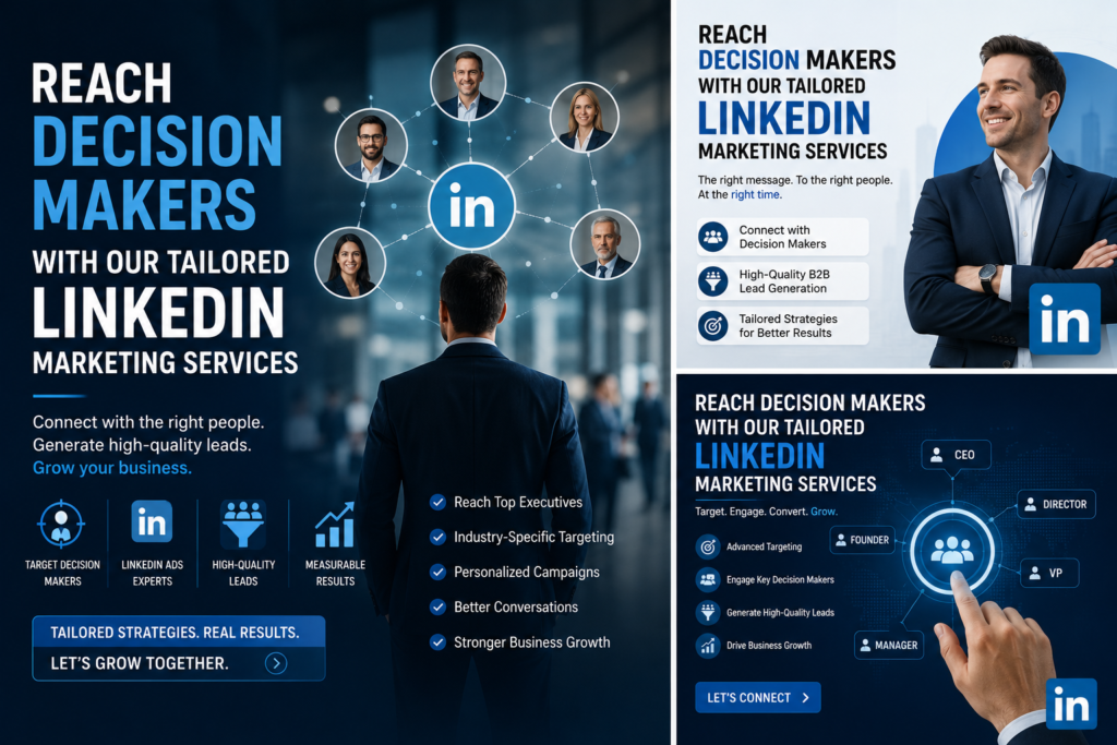 Composite graphic featuring LinkedIn marketing services, business professionals, executive audience targeting, and B2B lead generation strategies to reach key decision-makers.