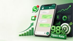 WhatsApp Marketing dashboard showing 98% open rate, chat automation, and business growth analytics.