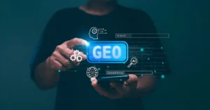 Generative Engine Optimization (GEO) concept showing a person holding a digital GEO interface for AI search visibility.