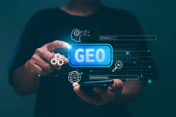 Generative Engine Optimization (GEO) concept showing a person holding a digital GEO interface for AI search visibility.