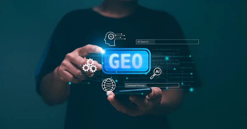 Generative Engine Optimization (GEO) concept showing a person holding a digital GEO interface for AI search visibility.