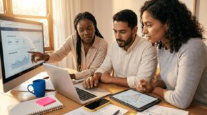 A diverse team of freelance professionals collaborating on business analytics and digital marketing strategies using laptops and data dashboards.