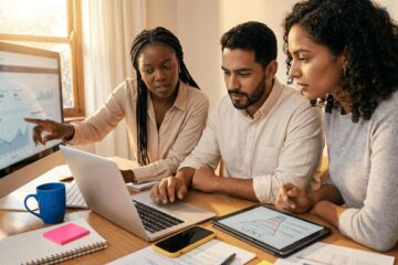 A diverse team of freelance professionals collaborating on business analytics and digital marketing strategies using laptops and data dashboards.