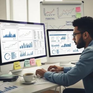 Freelance digital marketer analyzing business analytics dashboards on dual monitors to optimize marketing performance and grow a freelance business.