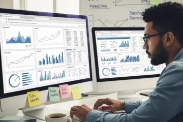Freelance digital marketer analyzing business analytics dashboards on dual monitors to optimize marketing performance and grow a freelance business.
