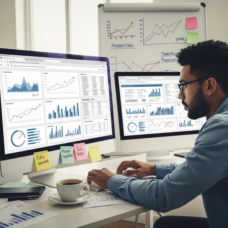 Freelance digital marketer analyzing business analytics dashboards on dual monitors to optimize marketing performance and grow a freelance business.