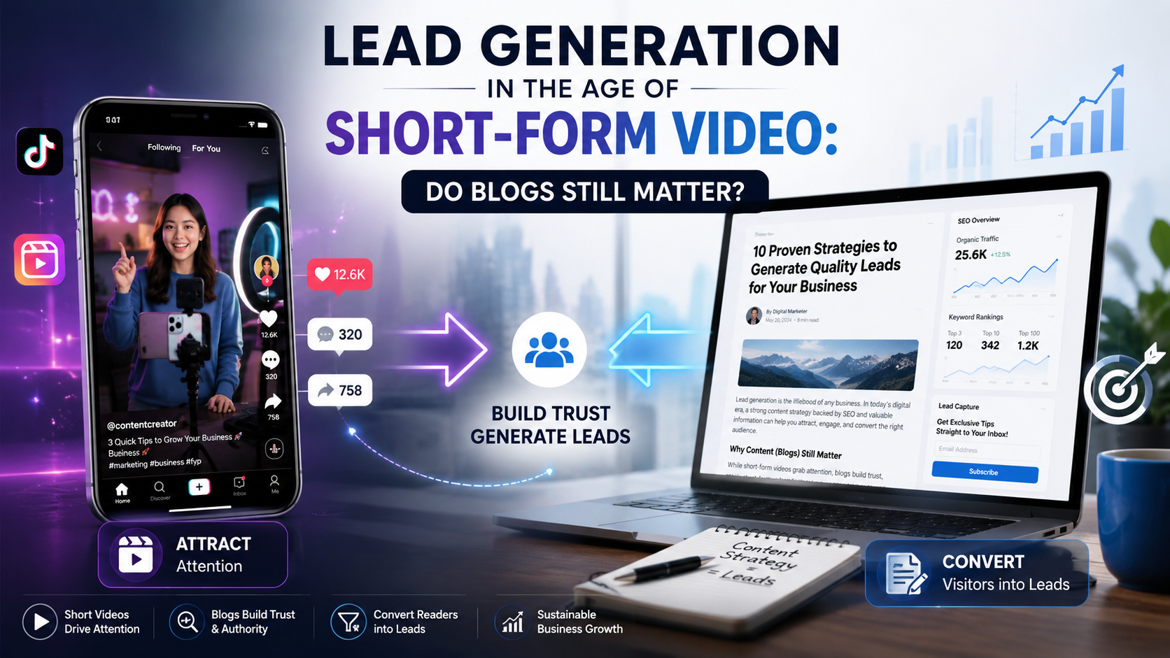 Lead generation through short-form video and SEO blogs working together for digital marketing success.