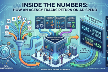 Infographic illustrating how a digital marketing agency tracks Return on Ad Spend (ROAS) by consolidating data from multiple advertising channels, using attribution modeling, conversion tracking, customer acquisition cost analysis, and real-time performance monitoring to optimize campaigns and maximize revenue.