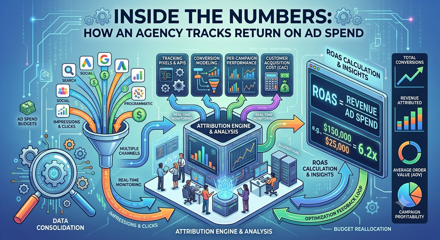 Infographic illustrating how a digital marketing agency tracks Return on Ad Spend (ROAS) by consolidating data from multiple advertising channels, using attribution modeling, conversion tracking, customer acquisition cost analysis, and real-time performance monitoring to optimize campaigns and maximize revenue.