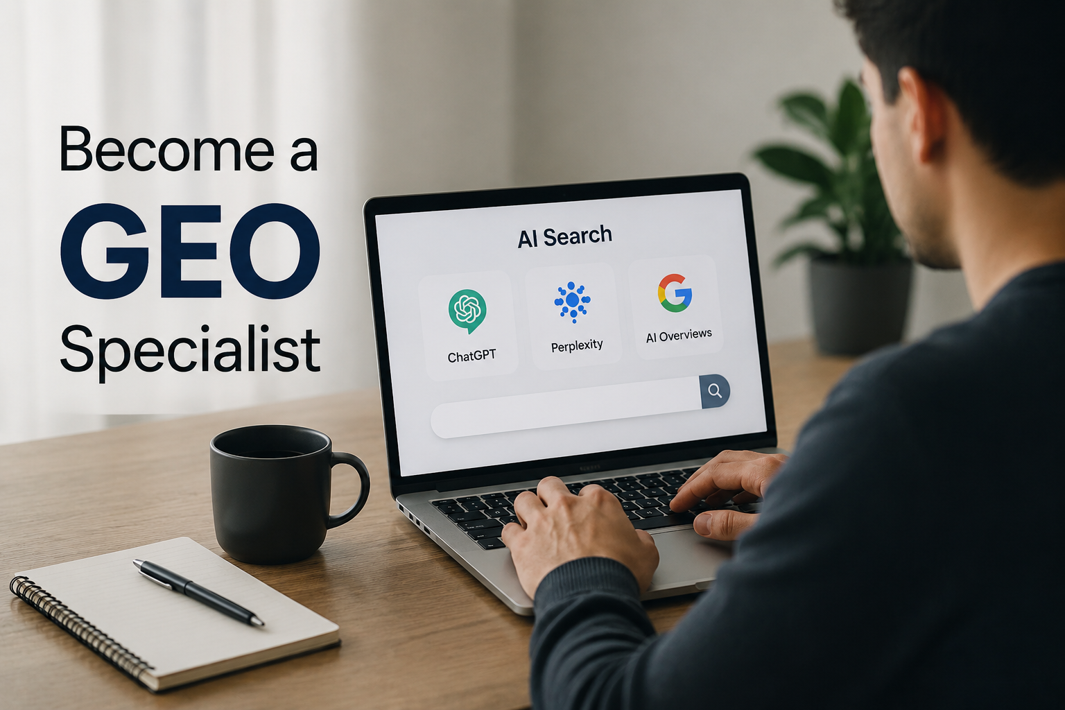 Professional marketer learning GEO specialist skills for AI search optimization on a laptop in a modern office workspace.