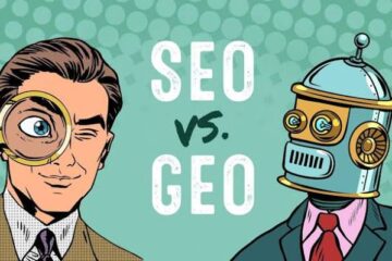 SEO vs GEO illustration showing a marketer with a magnifying glass and an AI robot comparing traditional Search Engine Optimization and Generative Engine Optimization.